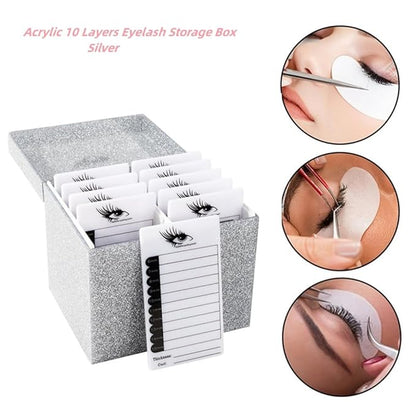 10 Layers Acrylic Eyelash Storage Box,Eyelash Holder Extension Tool,Makeup Organizer False Eyelashes Glue Pallet Holder, Grafting Eye lashes Close-Packed Display with 10 Pallets (Silver)