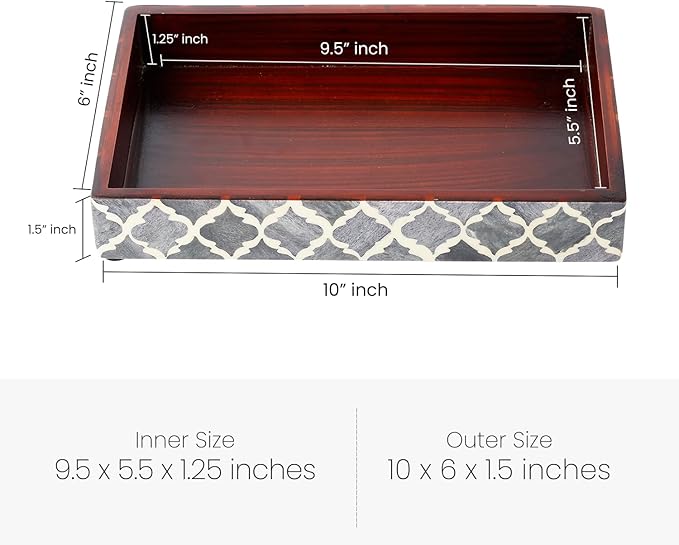 Handicrafts Home 10"x6" Vanity Tray for Bathroom Countertop, Moroccan Bone Inlay Decorative Organizer Tray for Perfume, Jewelry, Cosmetics & Dresser Decor, Rectangular Catchall Tray, Grey White