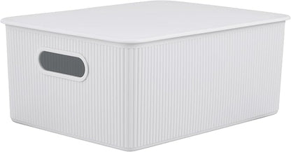 Decorative Plastic Basket Lidded Home Storage Bins Organizer Baskets, Large White Smoke (1 Pack - 15 Liter) Stackable Container Box, for Organizing Closet Storage Bins for Shelves - Ribbed Collection