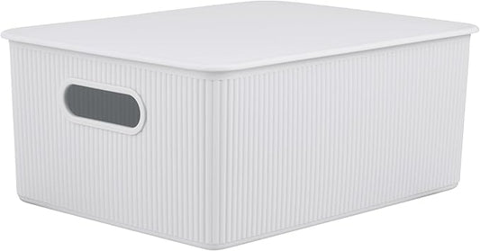 Decorative Plastic Basket Lidded Home Storage Bins Organizer Baskets, Large White Smoke (1 Pack - 15 Liter) Stackable Container Box, for Organizing Closet Storage Bins for Shelves - Ribbed Collection