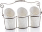 Kitchen Tool Crock (4 Pieces) - 3 Ceramic Utensil Holders (4" Dia x 7" H each) & 1 Metal Caddy - White & Embossed Design