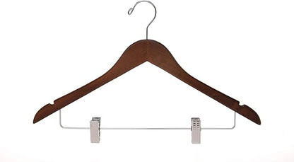 Quality Wooden Skirt Hangers with Clips, 10-Pack Smooth Solid Wood Pants Hangers with Durable Adjustable Metal Clips, Swivel Hook, Coat, Jacket, Blouse Suit Hangers (Walnut - Chrome Hook, 10)
