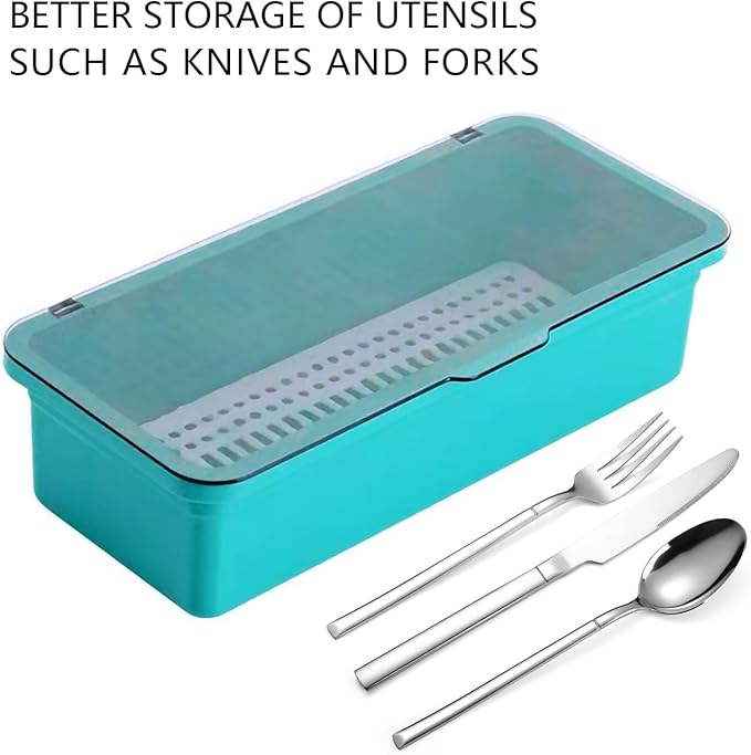 Flatware Tray with Lid and Drainer,Silverware Tray Kitchen Dinnerware Holder and Utensil Storage Container for Flatware and Silverware(Blue)