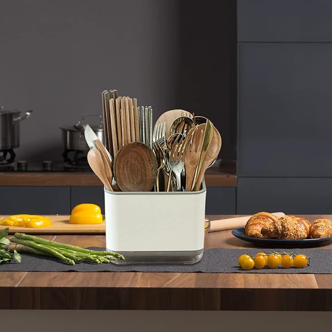 Utensil Holder Cutlery Drainer Sink Caddy, Chopsticks Holder Spoon Chopsticks Fork Drain Rack Basket Storage Holder Organizer Compartment Box (Grey)
