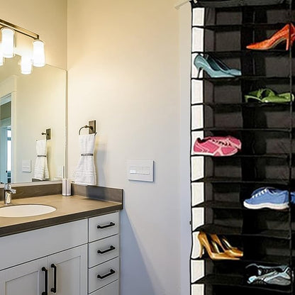 Over the Door Shoe Shelves 26 Section Space Saving Hanging Shoe Organizer with Hooks Clear Window Foldable Shoe Display Shelves Stand for Shoes Hat Toys Home (Black)