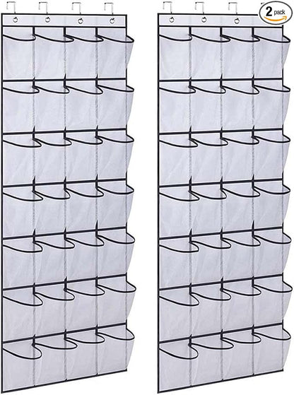 Over The Door Shoe Rack Clear Pockets Hanging Shoe Organizer Storage Sturdy Shoe Holder for Closet Hanger 2 Pack, 59”×22”, (White)