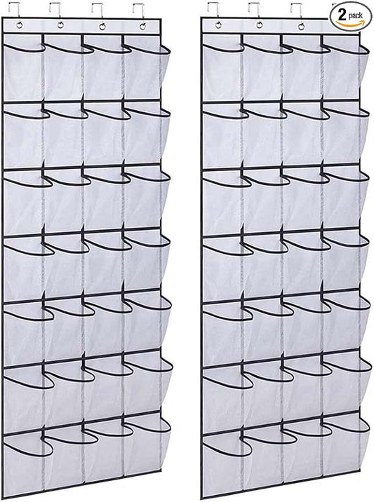 Over The Door Shoe Rack Clear Pockets Hanging Shoe Organizer Storage Sturdy Shoe Holder for Closet Hanger 2 Pack, 59”×22”, (White)