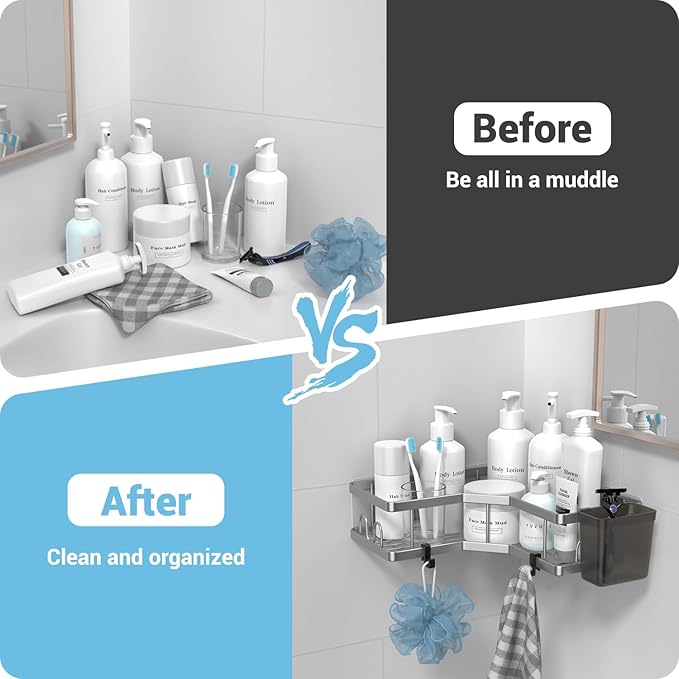 Corner Shower Caddy Bathroom Organizer: AKTECKE 2 Pack Adhesive Shelf Decor- No Drilling Stainless Steel Storage Rack with Hooks and Toothpaste Holder - Accessories Stuff