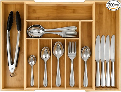 9-Slots Bamboo Drawer Organizers for Kitchen, Expandable Silverware Drawer Organizer, Multipurpose Utensil Organizer for Kitchen Drawers, Large Cutlery Drawer Organizer for Spoons, Forks & Knives