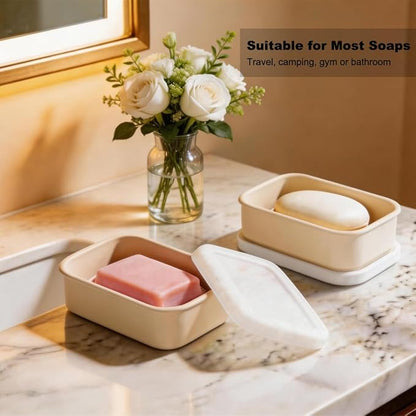 Compact Leakproof Travel Soap Case with Drainage Layer, Silicone Soap Holder Travel Soap Dish, Bar Soap Container for Traveling, Camping, Gym, Bathroom (Beige)