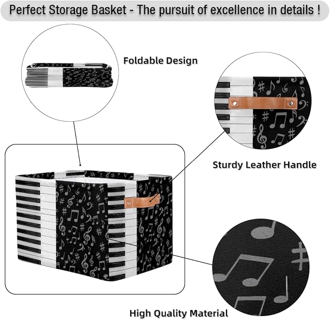 AUUXVA Storage Basket Piano Keyboard Music Note Storage Cube Box Durable Canvas Collapsible Toy Basket Organizer Bin with Handles for Shelf Closet Bedroom Home Office