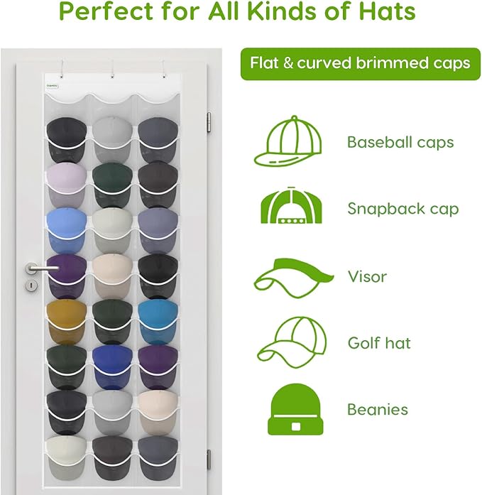 Baseball Hat Rack, 27 Pocket Over-The-Door Hat Organizer with Clear Deep Pockets to Display Baseball Caps Collection, Complete with 3 Over Door Hooks (White, 27 Pockets)
