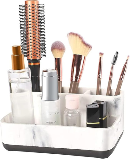 zccz White Marble Design Makeup Organizer - Bathroom Counter Storage for Toothbrushes and Cosmetics - Anti-Slip Cabinet Holder with 4 Compartments - Ideal Vanity Accessory for Organizing Essentials