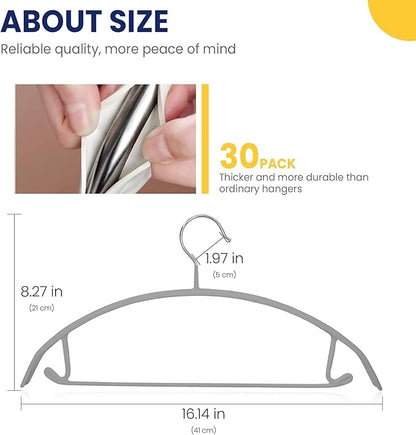 Jiang&Rong 30 Pack 16 Inch Rubber-Coated Non-Slip Metal Hangers - Heavy Duty No Bump Closet Hangers for Coats, Shirts, Suits, Sweaters (30-Pack, Grey)
