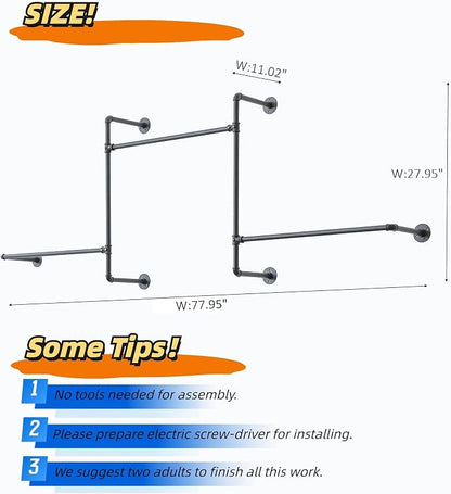 Industrial Pipe Clothing Rack Wall Garment Rack with Pipe Clothes Rails, Heavy Duty Clothes Hanging Rods Space-Saving Closet Organizer (Wall Clothing Rack-3 Hanging Rods)