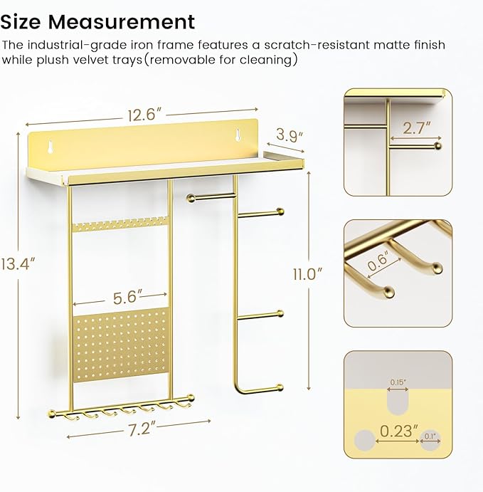 Saydear Wall Mounted Jewelry Organizer with Shelf: Metal Display Stand with Velvet Pad, Multi-Layer Necklace Hanging Rack for Bedroom Bathroom Space Saving No-Drill Wall Decor