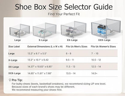 Kuject XX-Large Shoe Storage Boxes Organizers Clear Plastic Stackable 12 Pack, Shoe Rack & Holder Substitute, Sneaker Containers, Shoe Storage Organizer Bins for Closet, Under Bed, Grey(No Fold Line)