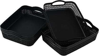 Set of 6 Large Plastic Storage Basket Tray, Black Shallow Paper Basket with Handle
