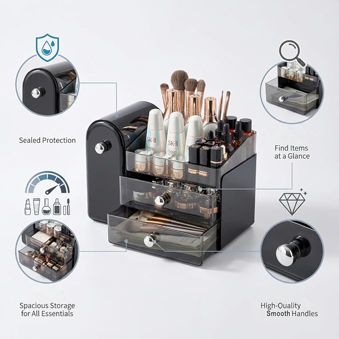 Bird&Fish Makeup Organizer with Sliding Brush Holder, Clear Skincare Organizer with Drawers, Bathroom Countertop Organizer, Sturdy Cosmetic Storage Case for Vanity, Dresser (White)