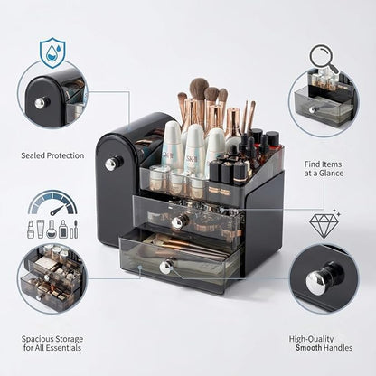 Bird&Fish Makeup Organizer with Sliding Brush Holder, Clear Skincare Organizer with Drawers, Bathroom Countertop Organizer, Sturdy Cosmetic Storage Case for Vanity, Dresser (Black)