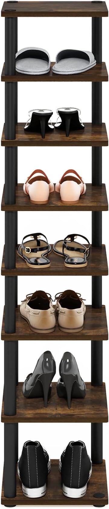 Furinno Turn-N-Tube Vertical Shoe Rack, 8-Tier Narrow Shoe Organizer, Free Standing Shoe Storage, Shoe Shelf for Boots, Sneakers, 11.6 x 11.6 x 52.6, for Closet, Entryway, Office, Garage, Amber Pine