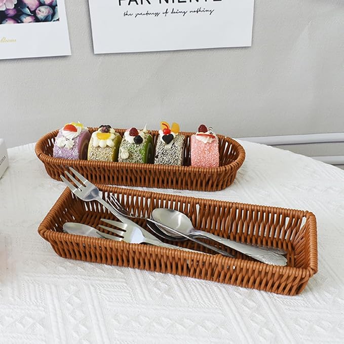 Storage Basket Small, 2 Pack Silverware Organizer Basket, Flatware Organizer for Drawer, Small Narrow Bread Baskets, Stackable Wicker Storage Baskets for Spoons Forks Knives Stationery (Rectangle)