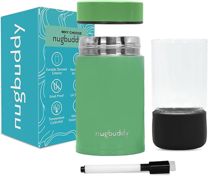 nugbuddy Mini Airtight Storage Container - Vacuum Sealed Insulated w Nested Glass Jar - UV Protection, Temperature Controlled Stainless - Whiteboard Finish w Marker Included - 100 ml (1/4 Oz)