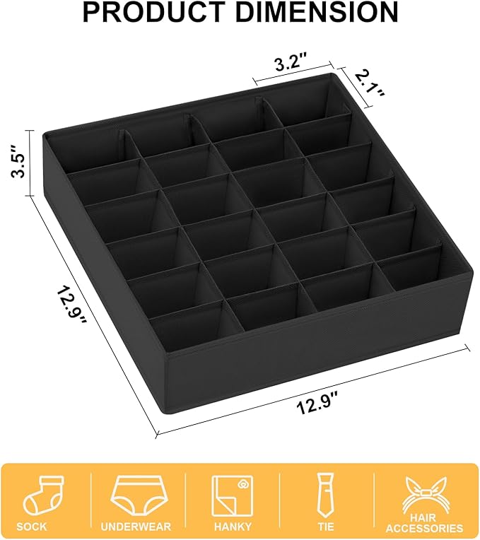 Joyoldelf Sock Drawer Organizer Divider Underwear Organizer 24-cell Fabric Dresser Drawer Organizers Storage Boxes for Socks Lingerie, Handkerchiefs, Ties 4 Pack (Black)