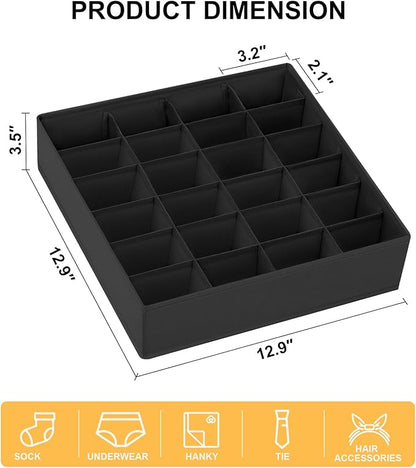 Joyoldelf Sock Drawer Organizer Divider Underwear Organizer 24-cell Fabric Dresser Drawer Organizers Storage Boxes for Socks Lingerie, Handkerchiefs, Ties 4 Pack (Black)