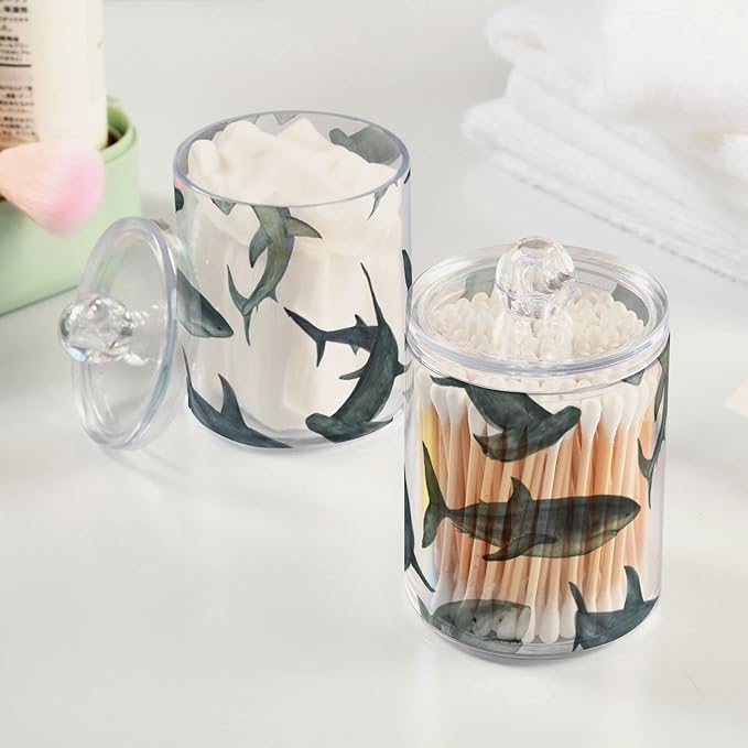 2 Pack Watercolor Sharks Apothecary Jars with Lid, Qtip Holder Storage Jars for Cotton Ball, Cotton Swab, Cotton Round Pads, Clear Plastic Canisters for Bathroom Vanity Organization (10 Oz)