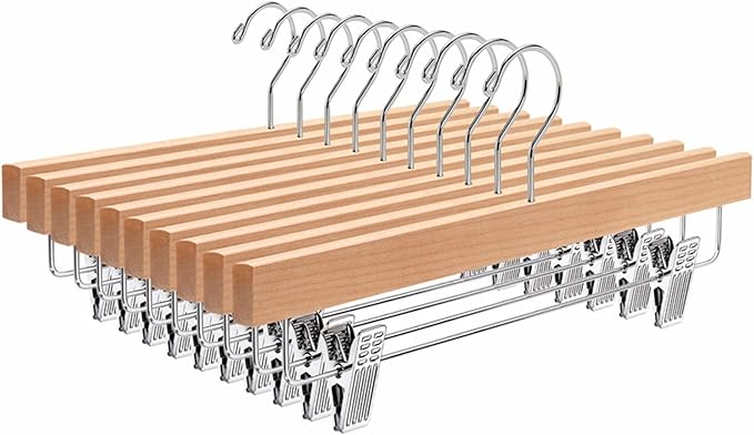 Amber Home 10 Pack Wooden Pants Hangers with Clips, 14" Natural Wood Skirt & Trouser Hangers, Closet Hangers for Jeans, Slacks, Shorts, with 2-Adjustable Clips (Natural, 10)