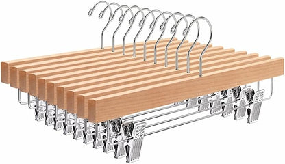 Amber Home 10 Pack Wooden Pants Hangers with Clips, 14" Natural Wood Skirt & Trouser Hangers, Closet Hangers for Jeans, Slacks, Shorts, with 2-Adjustable Clips (Natural, 10)