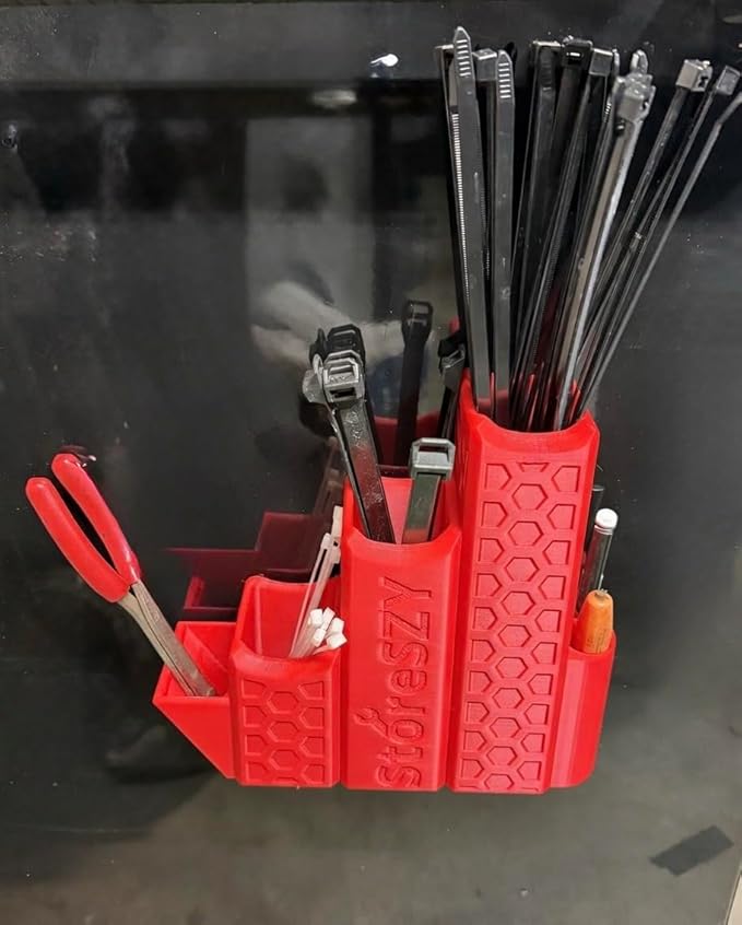 ZipStation Pro Zip Tie Organizer – 3 Tier Holder with Cutter Slot & Pen Storage – Magnetic Toolbox Organizer (Red)