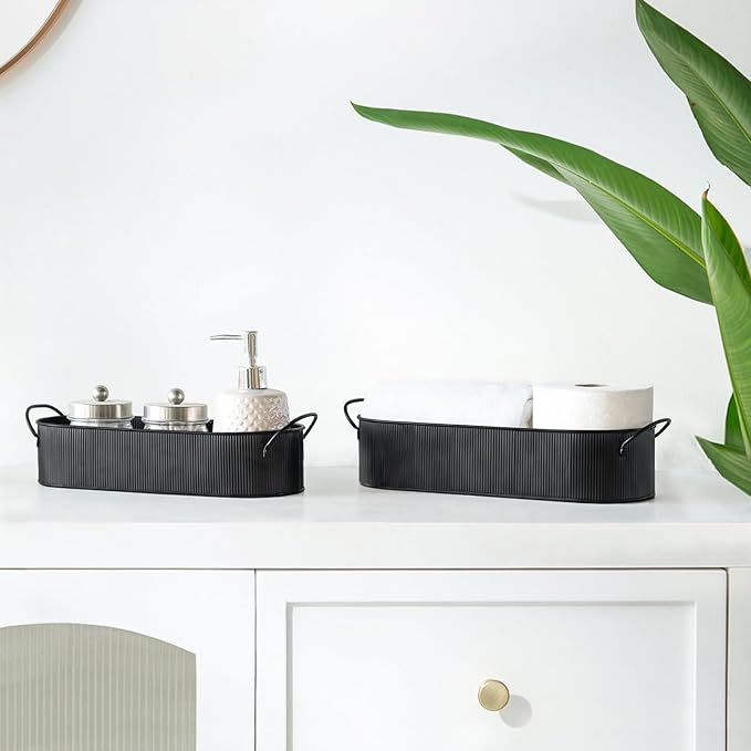 Mkono Metal Storage Basket for Toilet Tank Top Bathroom Decor, Galvanized Tray with Handle for Shelves, Farmhouse Toilet Paper Holder Organizing Bin Box for Countertop Living Room, Set of 2, Black