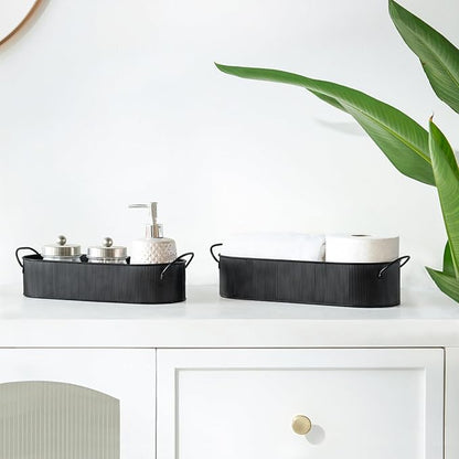 Mkono Metal Storage Basket for Toilet Tank Top Bathroom Decor, Galvanized Tray with Handle for Shelves, Farmhouse Toilet Paper Holder Organizing Bin Box for Countertop Living Room, Set of 2, Black