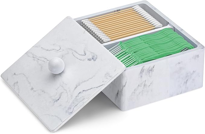 Cotton Swab Holder, 16 OZ Qtip Holder Dispenser with Lid, 2 Compartments Cotton Ball Buds Bathroom Organizers Storage Bin Floss Dispenser Vanity Cosmetics, White