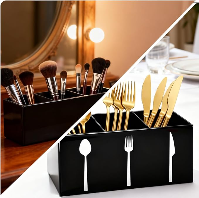 Black Acrylic Cutlery Storage Organizer,Plastic Silverware Holder,Silverware Caddy 3 Section Tableware Plastic Holder for Kitchen Storage Indoor Outdoor Decoration Supplies