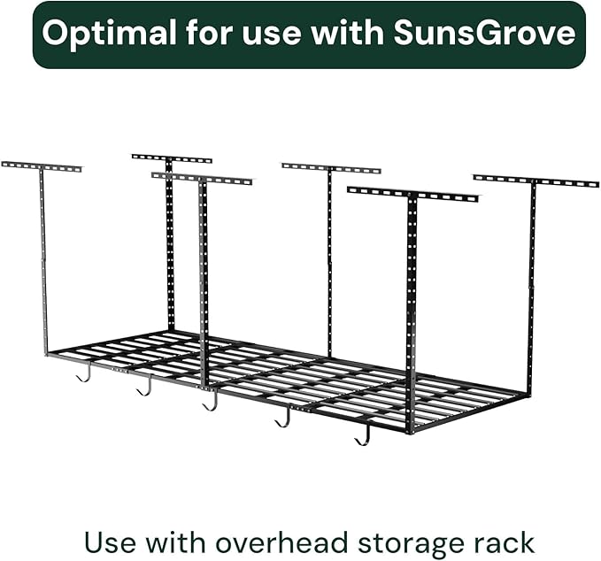 SunsGrove Heavy-Duty 4-Pack Overhead Garage Ceiling Storage Hooks, Add-On Storage Rail Hook Accessory for Hanging Bikes and More, Supports Up to 66lbs