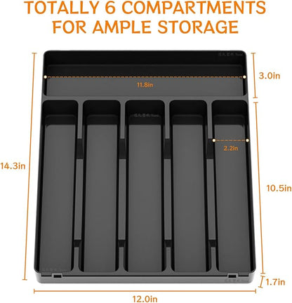 Silverware Organizer for Kitchen Drawers,BPA Free Cutlery Drawer Organizer,6 Slots Plastic Utensils Organizer Suitable as In-Drawer Silverware Holder and Tray,Flatware,Knife,Fork,Spoon Organizer,Black