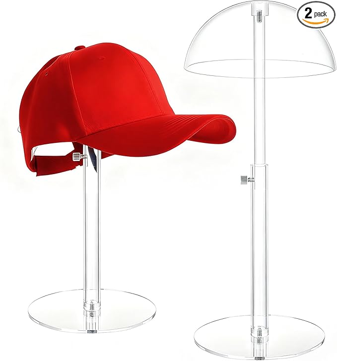 2 Pack Acrylic Hat Display Stand 8-16 inch Adjustable, Clear Domed Hat Stand Rack for Baseball Cap Cowboy, Wig Holder Stand Organizer for Dresser Closet Vendors (Adult styles, 2)