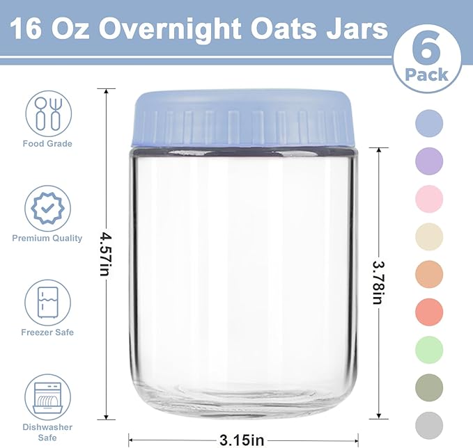 Overnight Oats Containers with Lids, 16oz Wide Mouth Mason Jars with Lids, 6 Pack Glass Jars with Airtight lid for Chia Pudding Yogurt Salad, Meal Prer Oatmeal Jars, Blue
