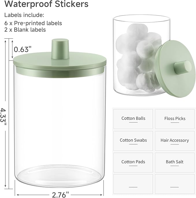 TIPGO Glass Qtip Holder Dispenser for Bathroom - 10 oz Clear Canister Apothecary Jar for Cotton Swabs, Balls, Pads, Floss Picks, Small Containers for Makeup Storage Organizer (2 Pack, Green)