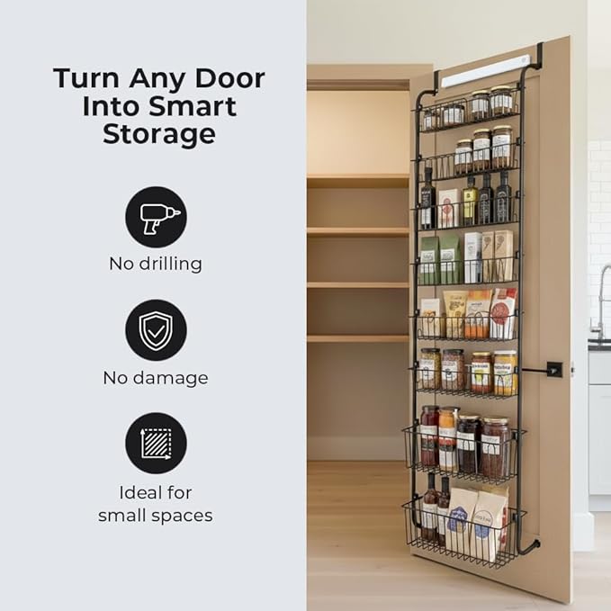 Over Door Organizer Storage - 8 Tier Black Metal Over the Door Pantry Organizer Heavy Duty Hanging Storage Rack, Behind Cabinet Shelves for Home, Kitchen, Bathroom, Closet, Pantry.