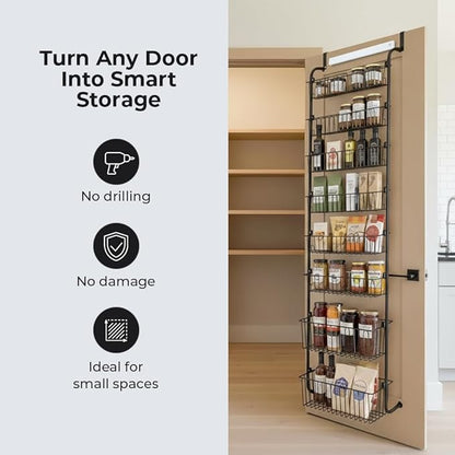 Over Door Organizer Storage - 8 Tier Black Metal Over the Door Pantry Organizer Heavy Duty Hanging Storage Rack, Behind Cabinet Shelves for Home, Kitchen, Bathroom, Closet, Pantry.