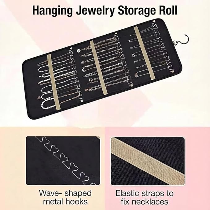 Hanging Jewelry Organizer, Dual-Sided Necklace Holder with Multiple Clear Pockets - Wall Mount & Over The Door Closet Storage for Earrings, Rings, Bracelets - 360° Rotating Hanger (1, Black, XL)