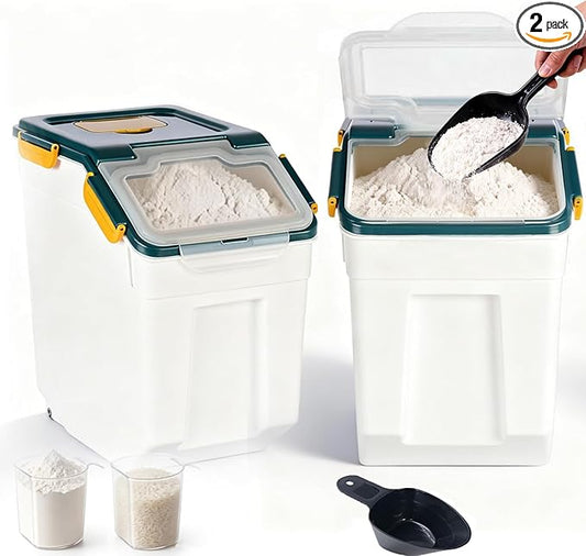 RUIAN 2Pcs Large Flour Storage Container Bin 25Lb Airtight Rice Storage Containers with Wheels Seal Locking Lid, BPA Free with Measuring Cup&Scoop for Flour, Rice, Grain 50LB Total(Blue)