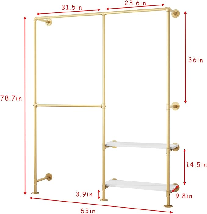Gold Pipe Clothes Racks with White Shelves, Industrial Pipe Gold Clothing Rack with Double Hanging Rods, Heavy Duty Wall Mounted Clothing Rack Rod for Closet Storage, Bedroom