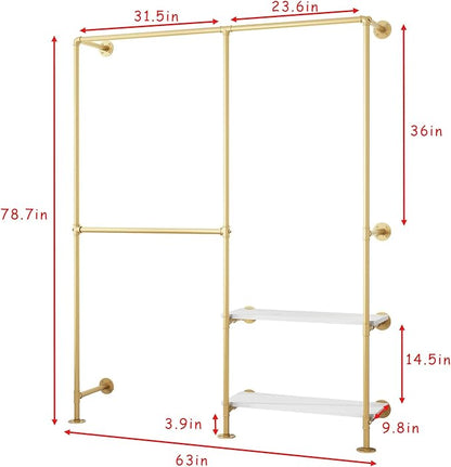 Gold Pipe Clothes Racks with White Shelves, Industrial Pipe Gold Clothing Rack with Double Hanging Rods, Heavy Duty Wall Mounted Clothing Rack Rod for Closet Storage, Bedroom