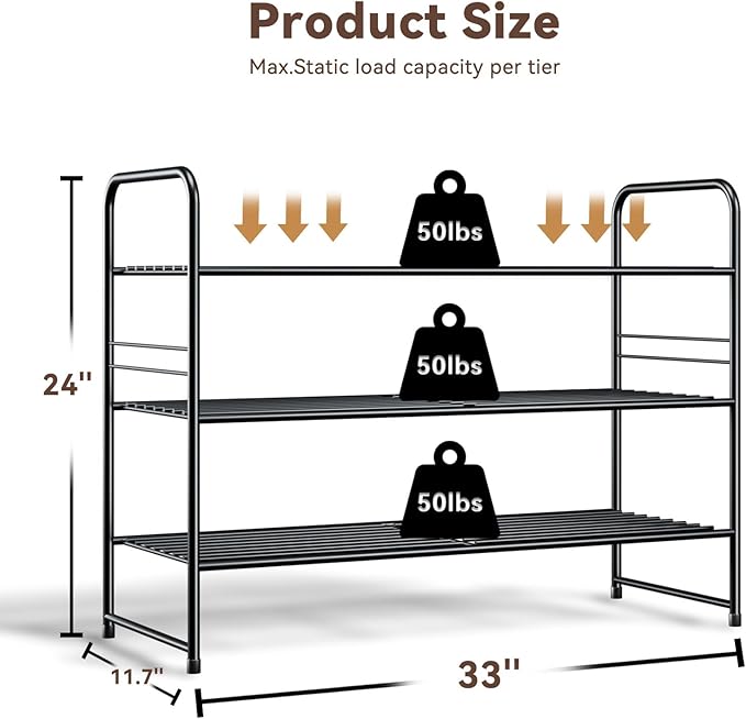 Standard Shoe Rack 3-Tier 32.5 Inches Wide, Free Standing Shoe Organizer for Indoor Outdoor | Adjustable Heavy-Duty Metal Shelf Ideal for Home Entryway Closet & Garage Balcony | Black