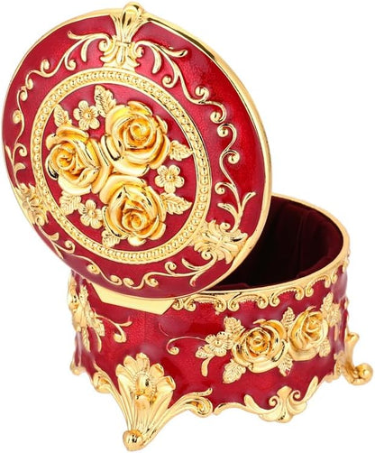 Retro round jewelry box creative small accessory storage box metal chest ring box collection commemorative box earring box earring necklace storage box women's gift small (Red)